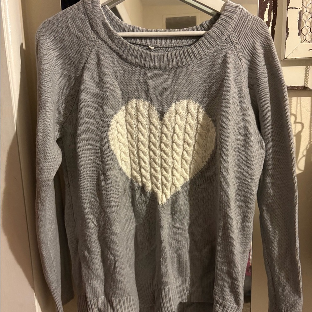 Gray and Cream Heart Cable Knit Sweater